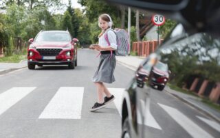 Scared girl with phone and headphones runs away from the car at a pedestrian crossing