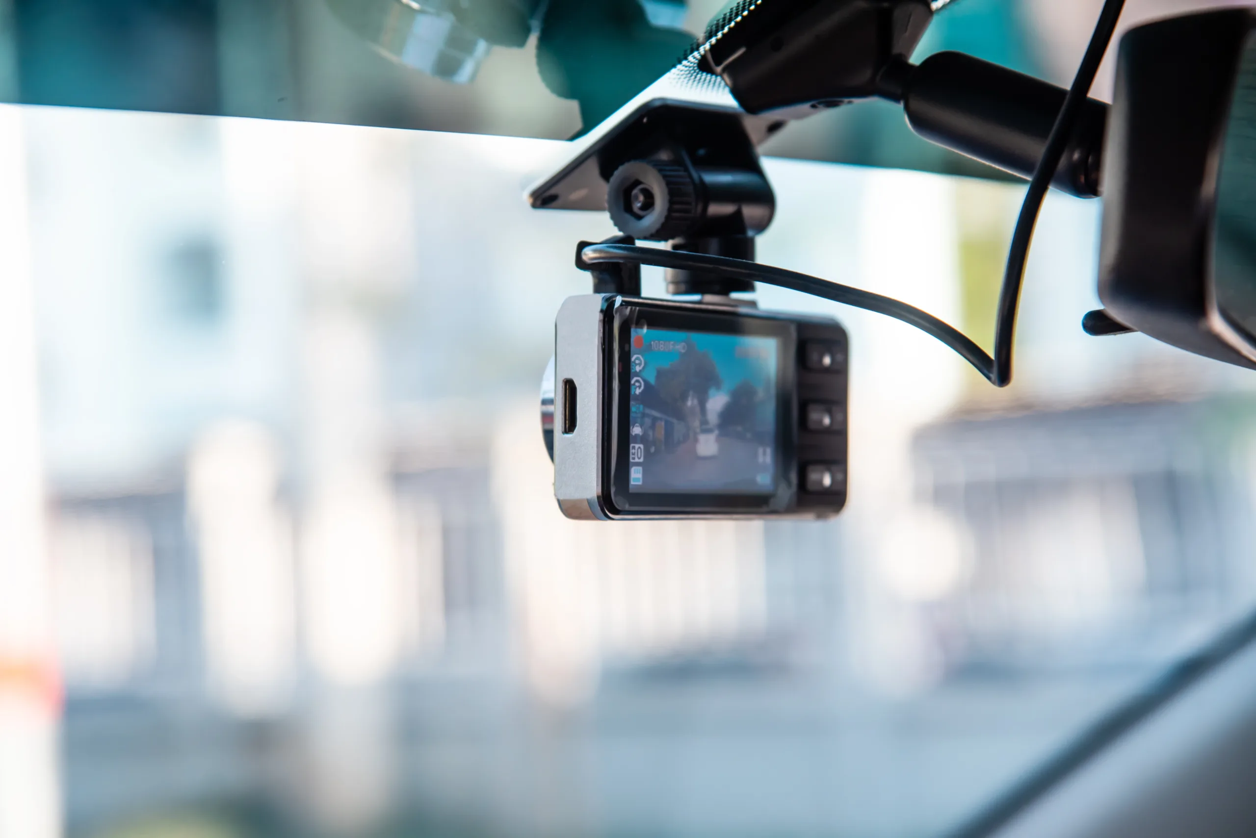 Compact dashcam mounted on a car windshield showing live street view with side buttons and a visible power cable.