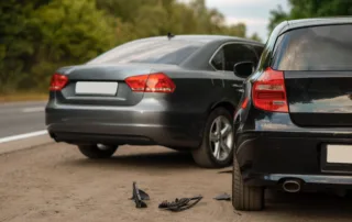 Two cars — one black and one gray — parked on a roadside with visible rear‑end damage and debris on the ground, depicting a recent collision and suggesting vehicle damage and auto accident injury claims under comparative fault law.